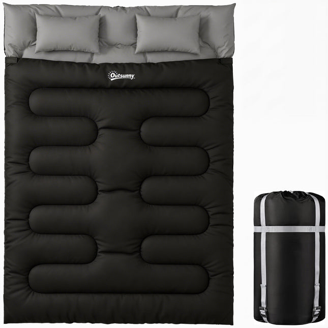 Double Sleeping Bag with 2 Pillows, 220 x 160 cm Extra-Large Sleeping Bag for Adults, Black