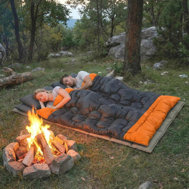 Double Sleeping Bag with 2 Pillows, 220 x 160 cm Extra-Large Sleeping Bag for Ad 1