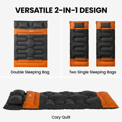 Double Sleeping Bag with 2 Pillows, 220 x 160 cm Extra-Large Sleeping Bag for Ad 1