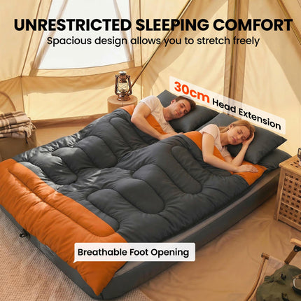 Double Sleeping Bag with 2 Pillows, 220 x 160 cm Extra-Large Sleeping Bag for Ad 1