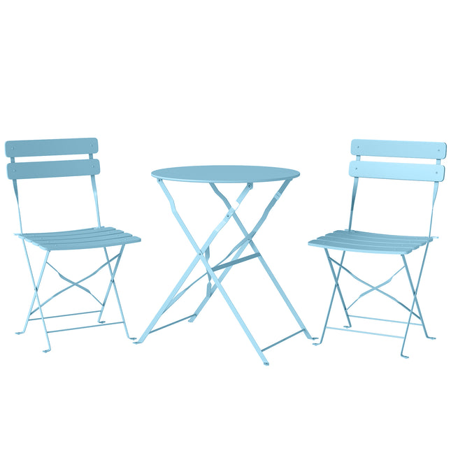 Folding Garden Bistro Set, Outdoor Round Bistro Table and Chairs Set 2 with Electrophoresis Metal Frame, Light Blue
