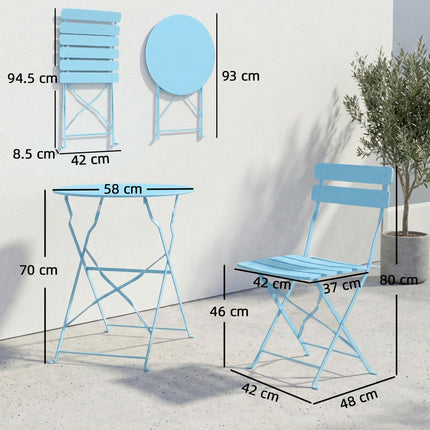 Folding Garden Bistro Set, Outdoor Round Bistro Table and Chairs Set 2 with Electrophoresis Metal Frame, Light Blue