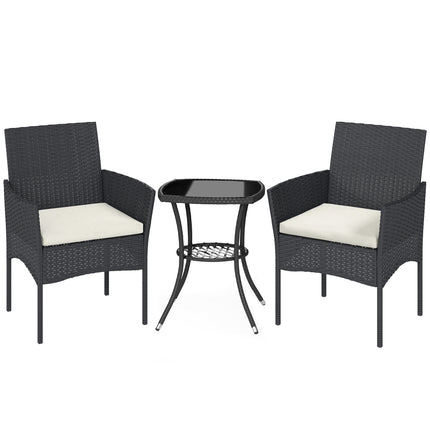 3 Piece Rattan Bistro Set, PE Wicker Garden Furniture Conversation Set with 2 Tier Glass-Top Table, Chairs, Cream White