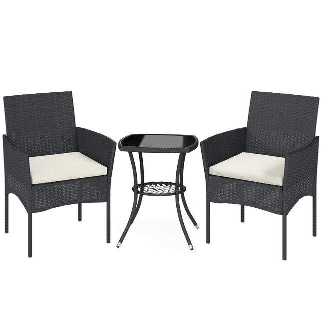 3 Piece Rattan Bistro Set, PE Wicker Garden Furniture Conversation Set with 2 Tier Glass-Top Table, Chairs, Cream White