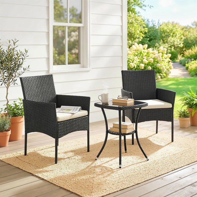 3 Piece Rattan Bistro Set, PE Wicker Garden Furniture Conversation Set with 2 Tier Glass-Top Table, Chairs, Cream White