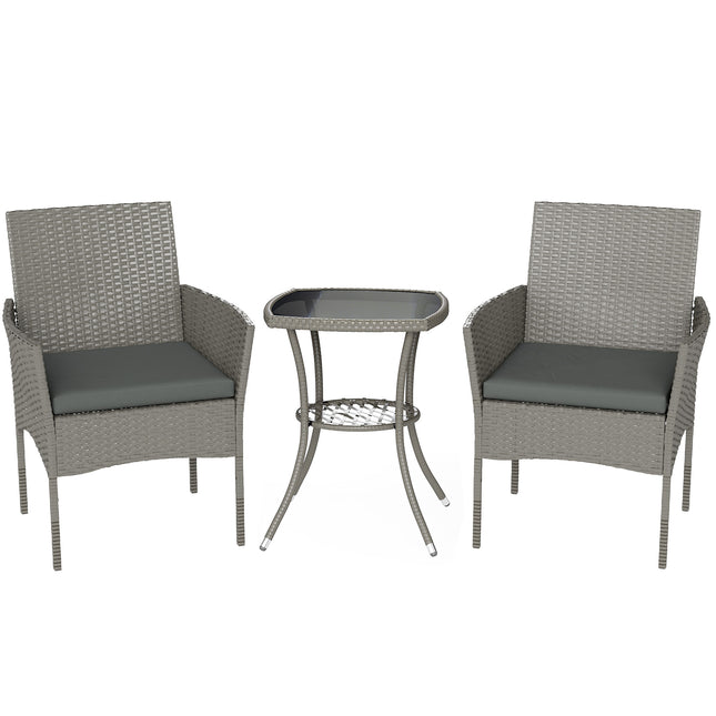 3 Piece Rattan Bistro Set, PE Wicker Garden Furniture Conversation Set with 2 Tier Glass-Top Table, Chairs, Dark Grey