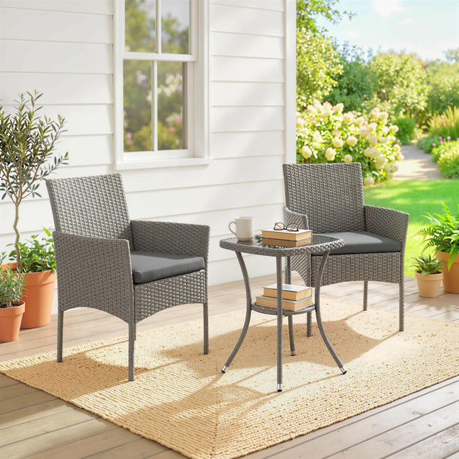 3 Piece Rattan Bistro Set, PE Wicker Garden Furniture Conversation Set with 2 Tier Glass-Top Table, Chairs, Dark Grey