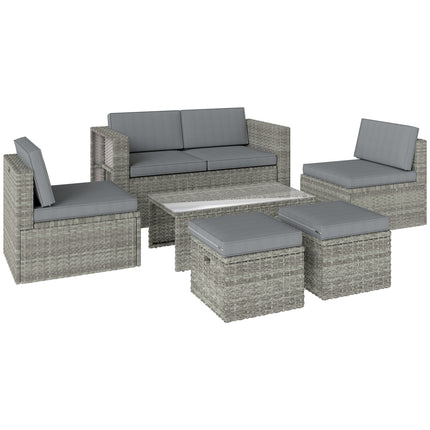 6 Piece Rattan Garden Furniture Set Loveseat, Chairs, Table, Footstools, Dark Grey