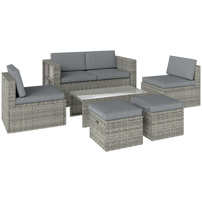 6 Piece Rattan Garden Furniture Set Loveseat, Chairs, Table, Footstools, Dark Grey