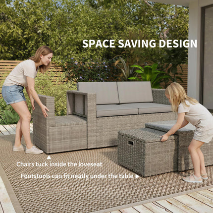 6 Piece Rattan Garden Furniture Set Loveseat, Chairs, Table, Footstools, Dark Grey