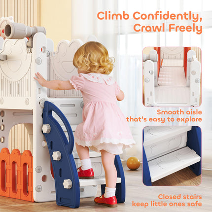7 in 1 Toddler Slide Set with Basketball Hoop, Climbing Frame, Telescope, Drawing Board, Storage Box, Orange