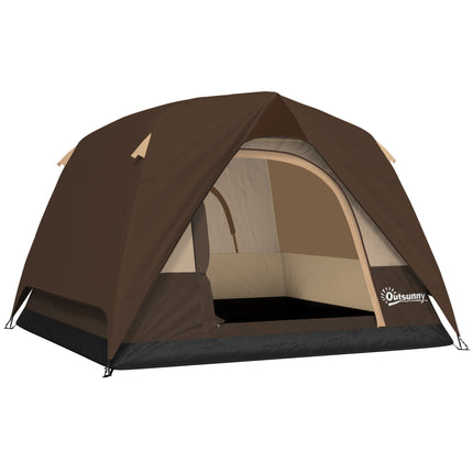 3-4 Person Camping Tent, Easy Set Up 3-4 Man Tent w/ Sewn-in Groundsheet, Waterproof Dome Tent w/ Mesh Windows, Brown