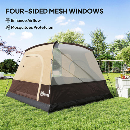 3-4 Person Camping Tent, Easy Set Up 3-4 Man Tent w/ Sewn-in Groundsheet, Waterproof Dome Tent w/ Mesh Windows, Brown