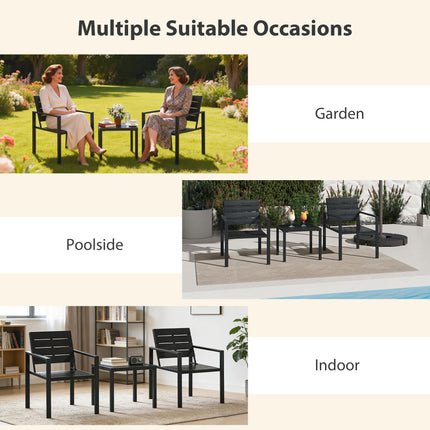3 Pieces Garden Bistro Set for 2, Outdoor Bistro Table and Chairs with Metal Frame, Plastic Patio Furniture Set