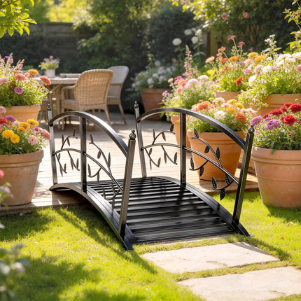 1.2M Metal Garden Bridge with Safety Railings, Outdoor Pond Bridge, Arch Decorative Footbridge for Creek Stream