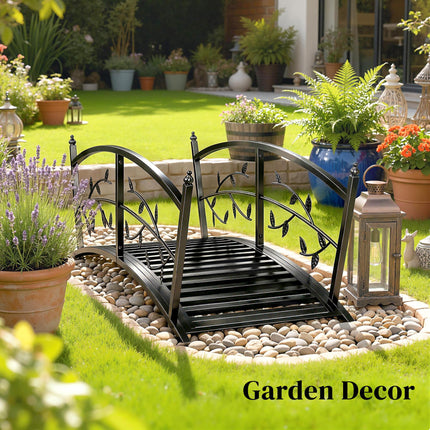 1.2M Metal Garden Bridge with Safety Railings, Outdoor Pond Bridge, Arch Decorative Footbridge for Creek Stream