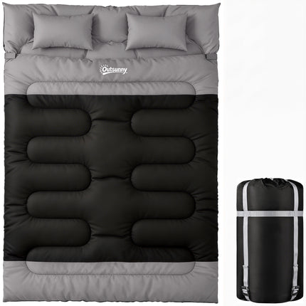Outsunny Double Sleeping Bag with 2 Pillows, 220 x 160 cm Extra-Large Sleeping Bag for Adults, Black and Grey