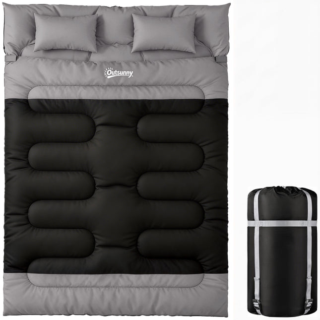 Outsunny Double Sleeping Bag with 2 Pillows, 220 x 160 cm Extra-Large Sleeping Bag for Adults, Black and Grey
