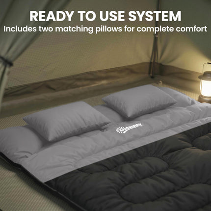 Outsunny Double Sleeping Bag with 2 Pillows, 220 x 160 cm Extra-Large Sleeping Bag for Adults, Black and Grey