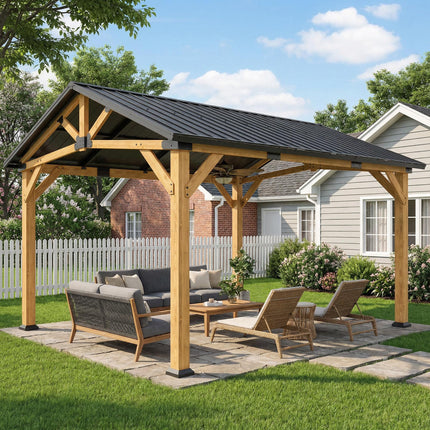 3.5 x 4 m Hardtop Gazebo Canopy with Galvanised Metal Roof, Fir Wood Frame and H