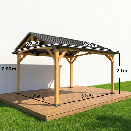 3.5 x 4 m Hardtop Gazebo Canopy with Galvanised Metal Roof, Fir Wood Frame and H