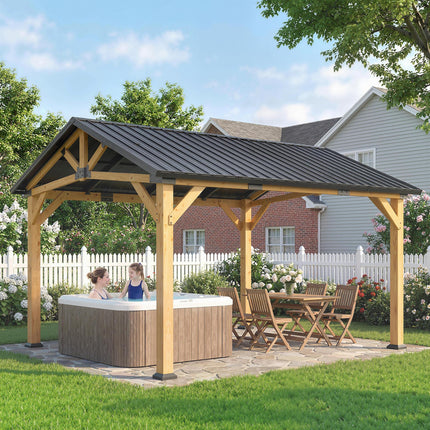 3.5 x 4 m Hardtop Gazebo Canopy with Galvanised Metal Roof, Fir Wood Frame and H