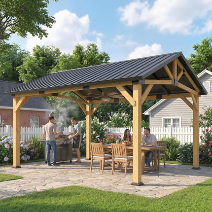 3.5 x 4 m Hardtop Gazebo Canopy with Galvanised Metal Roof, Fir Wood Frame and H