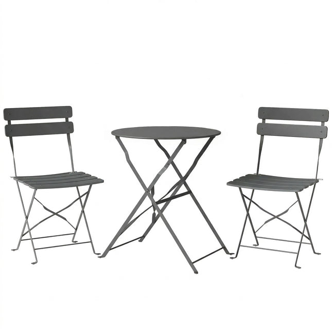 Folding Garden Bistro Set, Outdoor Round Bistro Table and Chairs Set 2 with Electrophoresis Metal Frame, Grey