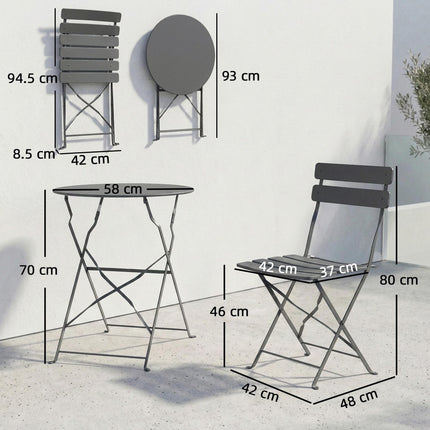 Folding Garden Bistro Set, Outdoor Round Bistro Table and Chairs Set 2 with Electrophoresis Metal Frame, Grey