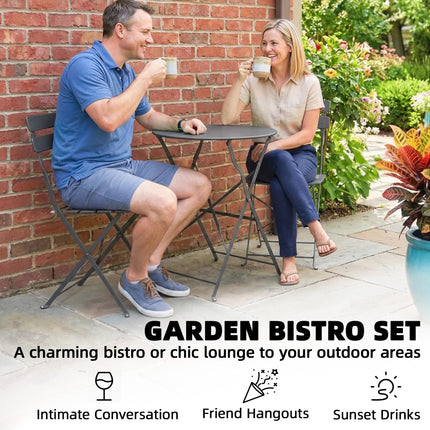 Folding Garden Bistro Set, Outdoor Round Bistro Table and Chairs Set 2 with Electrophoresis Metal Frame, Grey