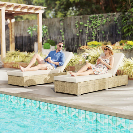 Rattan Sun Loungers Set of 2 with Side Table, Garden Recliner Sunbeds with Adjus