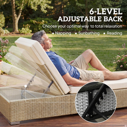 Rattan Sun Loungers Set of 2 with Side Table, Garden Recliner Sunbeds with Adjus
