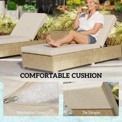 Rattan Sun Loungers Set of 2 with Side Table, Garden Recliner Sunbeds with Adjus