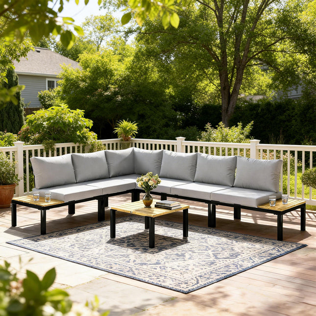 Garden Furniture Set, 6 Piece Corner Sofa Set with Loveseat, Coffee Table, Sofa with Integrated Side Table