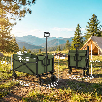 81L Festival Trolley on Wheels, Compact Garden Folding Trolley Cart with Adjustable Handle 80L Green