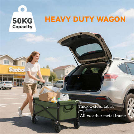 81L Festival Trolley on Wheels, Compact Garden Folding Trolley Cart with Adjustable Handle 80L Green