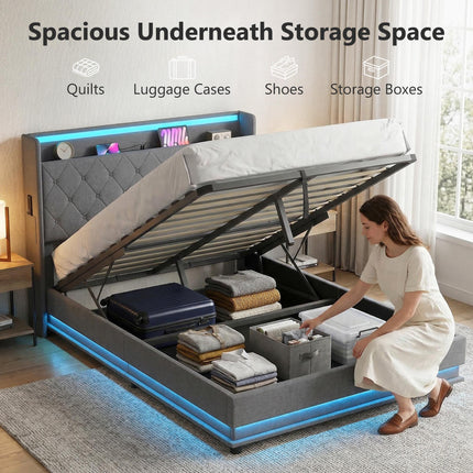 HOMCOM 4ft6 Double Bed Frame with Headboard, Platform Bed Frame with Hydraulic Storage, LED Lights and Charging Station, Grey