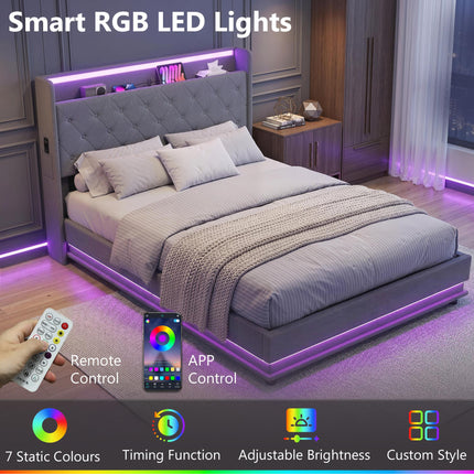 HOMCOM 4ft6 Double Bed Frame with Headboard, Platform Bed Frame with Hydraulic Storage, LED Lights and Charging Station, Grey