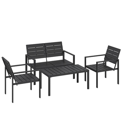 4 Piece Garden Furniture Set, Outdoor Sofa Set with HDPE Slatted Loveseat Armchairs Coffee Table Metal Frame, Black