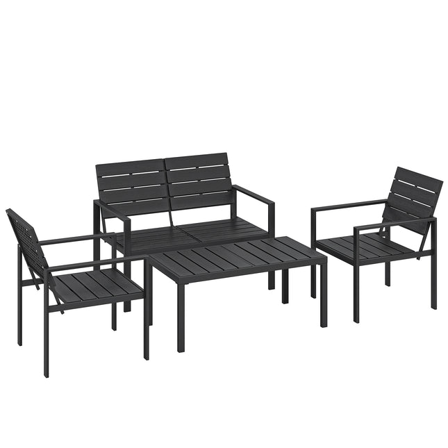 4 Piece Garden Furniture Set, Outdoor Sofa Set with HDPE Slatted Loveseat Armchairs Coffee Table Metal Frame, Black