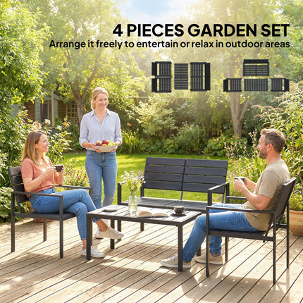 4 Piece Garden Furniture Set, Outdoor Sofa Set with HDPE Slatted Loveseat Armchairs Coffee Table Metal Frame, Black