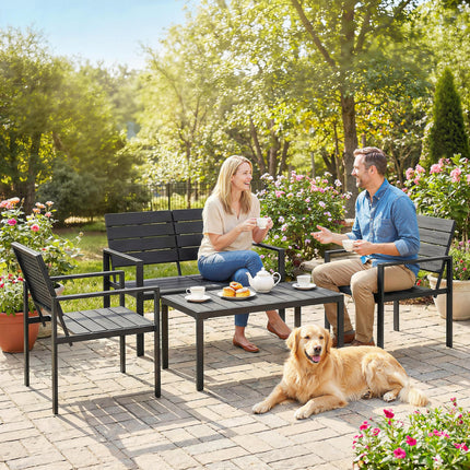 4 Piece Garden Furniture Set, Outdoor Sofa Set with HDPE Slatted Loveseat Armchairs Coffee Table Metal Frame, Black