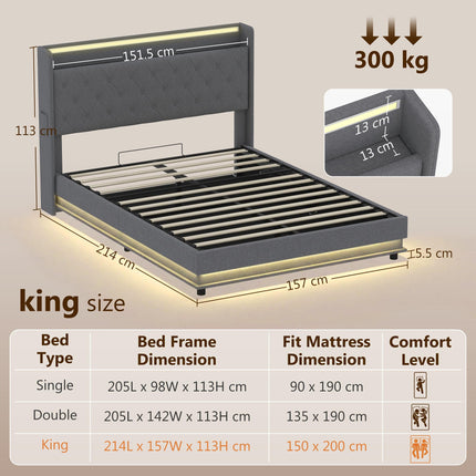 5ft King Bed Frame with Headboard, Platform Bed Frame with Hydraulic Storage, LED Lights and Charging Station, Grey
