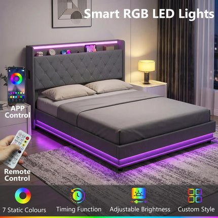 5ft King Bed Frame with Headboard, Platform Bed Frame with Hydraulic Storage, LED Lights and Charging Station, Grey
