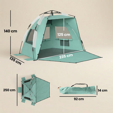 2-3 Person Pop Up Beach Tent, UPF15+ Sun Shelter with Extended Floor, Sandbags, Mesh Windows and Carry Bag, Green