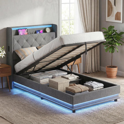 3ft Single Bed Frame with Headboard, Platform Bed Frame with Hydraulic Storage,