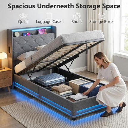3ft Single Bed Frame with Headboard, Platform Bed Frame with Hydraulic Storage,