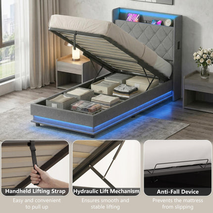 3ft Single Bed Frame with Headboard, Platform Bed Frame with Hydraulic Storage,