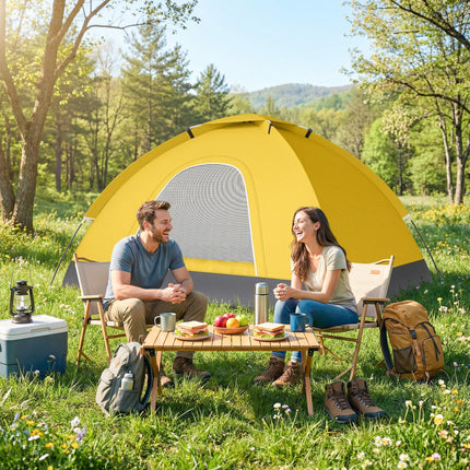 2 Person Camping Tent, Dome Tent with Zipped Doors, Storage Pocket, Portable Handy Bag, Yellow