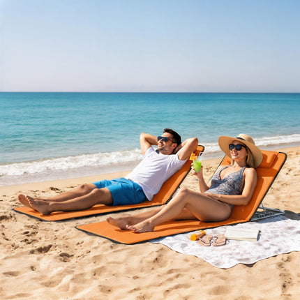 Set of Two Metal Frame Beach Chairs, with Reclining Backs - Orange